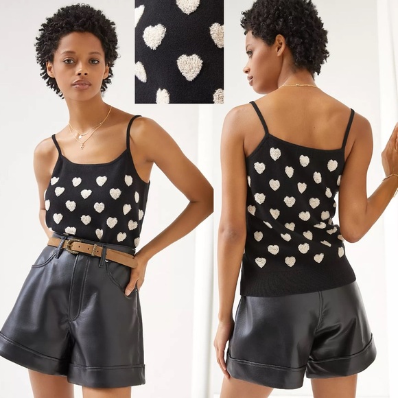 Maeve Anthropologie Sweater Tank Top Hearts Black White Romantic Retro Knit L - Picture 1 of 8
